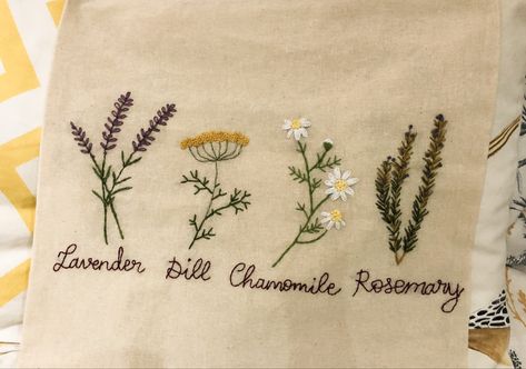 Herb Embroidery Patterns, Apron Embroidery Ideas, Dill Embroidery, Rosemary Embroidery, Embroidered Herbs, Herbs Embroidery, Tiny Embroidery Ideas, Tiny Flower Embroidery, Herbal Embroidery