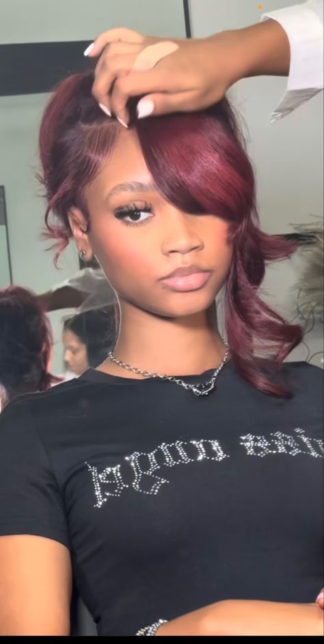 Cute Red Hairstyles For Black Women, Red Bun Hairstyles For Black Women, Red Hair Updo Black Women, Hair Updo Black Women, Red Pin Up Hairstyles For Black Women, Black And Red Updo, Red Updo Hairstyles For Black Women, Red Hair Updo, Updo Black Women