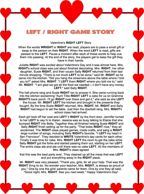 Valentines Day Left RIght Story Game #Valentines #Left #Right #Game Valentine Left Right Game, Valentines Activities For Seniors, Valentine Games For Church Group, Left Right Valentine Game Free Printable, Couples Valentines Party, Valentines Day Activities For Adults, Valentine Games For Church, Left Right Birthday Game Story, Valentines Day Party Games