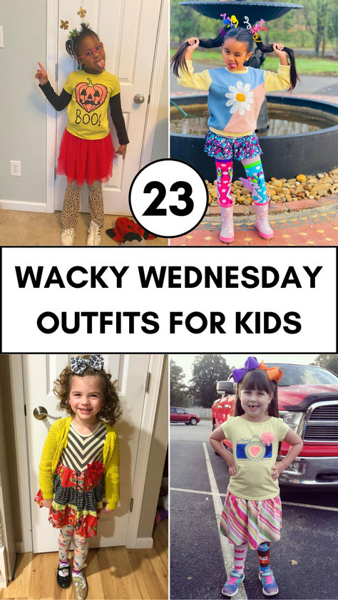 A playful collection of kids wearing colorful, mismatched outfits, featuring bold patterns, layered accessories, and funny props perfect for Wacky Wednesday Wacky Winter Outfit For Kids, Silly Dress Up Day At School, Mismatched Clothing Day At School, Dress Wacky Day Schools, Ideas For Wacky Wednesday At School, Wacky Tacky Day Outfits For Kids, Wacky Clothes Day School, Wacky Dress Day At School, Whacky Wednesday Spirit Week