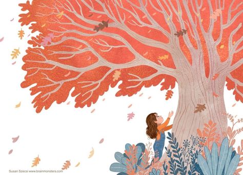 Little Girl talking to an oak tree, children's book illustration Talking Tree Illustration, Red Tree Illustration, Magic Tree Illustration, Fall Tree Illustration, Autumn Tree Illustration, Children’s Illustration, Children’s Book Illustration, Oak Illustration, Oak Tree Illustration