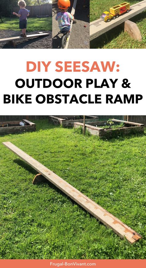 DIY Seesaw: Our Easy Bike Obstacle & Teeter Totter Ramp! Wooden Seesaw Diy, Diy Seesaw Easy, Bmx Track Backyard, Bike Jumps Diy, Bike Ramps For Kids Diy, Diy Bike Ramp, Seesaw Diy, Diy Seesaw, Kids Bike Track