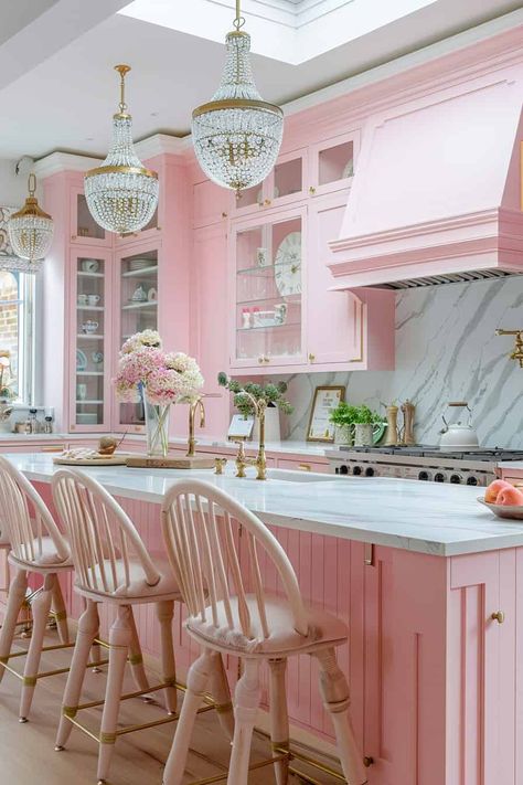 33 Gorgeous Barbie Pink Kitchen Design Ideas That Evoke Playful Elegance Pink Christmas Kitchen, Light Pink Kitchen, Pink Kitchen Designs, Girly Kitchen, Retro Pink Kitchens, Girly House, Pink Kitchens, Pink Cabinets, Cottage Pink