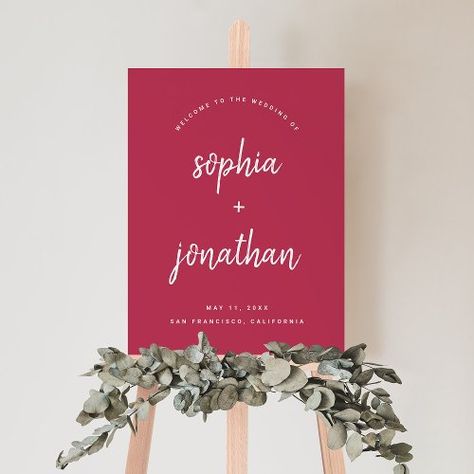 $44.20 | Modern Minimal Script Magenta Red Wedding Welcome #wedding, welcome, simple, minimalist, elegant, modern, magenta red, colorful, handwritten script typography, stylish and chic Pink Pallet, Dusty Blue Wedding Theme, Wedding Signs Welcome, Wedding Foam Board, Foam Board Sign, Sage Pink, Blue Wedding Theme, Terracotta Wedding, Chart Ideas