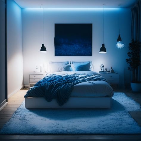 inspired from blue color, this room has blue glow lights in the ceiling with modern lighting Modern Blue Bedroom, Aesthetic Light Blue, Dark Blue Rooms, Hanging Bedroom Lights, Colorful Rooms, Painted Bedroom, Wardrobe Interior, Blue Interior Design, Condo Interior Design