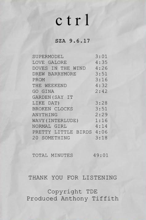 Sza Ctrl Receipt, Ctrl Receipt, Sza Album Receipt, Music Receipt Aesthetic, Artist Receipt, Music Receipt, Sza Collage, Junk Case, Dump Ideas