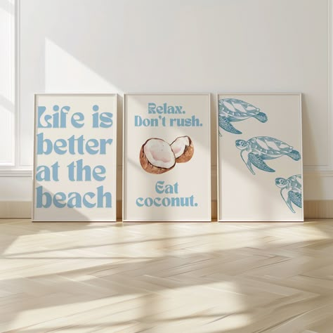 Coastal Wall Art Set of 3 For Bedroom, Living Room, Dorm. High quality, 300 DPI! #27 Transform your space with our Coastal Wall Art Set of 3, featuring calming nautical prints in light blue hues. Perfect for the living room or bedroom, each piece exudes a serene coastal aesthetic, ideal for adding a touch of relaxation to your home. Embrace the coastal vibe with this unique wall art set,  handcrafted to bring the tranquility of the sea indoors! 🌊 With INSTANT digital download, you can enjoy you Ocean Blue Home Decor, 3 Part Wall Art, Coastal Prints Aesthetic, Simple Beach Room Aesthetic, Light Blue Wall Prints, Wall Frames Ideas Bedroom, Costal Room Ideas, Sea Theme Bedroom, Coastal Bedroom Wall Decor