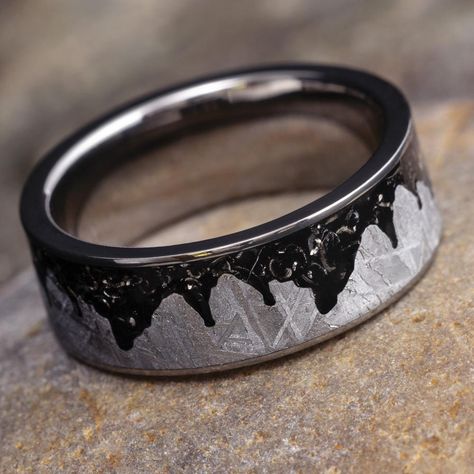 Meteorite Mountain Ring With Black Stardust, Titanium Wedding Band-3750 Sparkling Night, Wedding Fancy, Opal Engagement Ring Set, Gibeon Meteorite, Mens Wedding Bands Unique, Mountain Ring, Unique Mens Rings, Flat Ring, Wedding Ring Styles