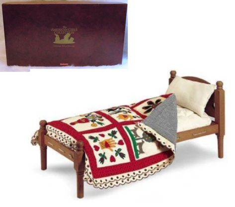 You Are Looking To Buy: American Girl Pleasant Company ADDY ROPE BED + FAMILY ALBUM QUILT, Mattress, Pillow - NEW In Original Burgundy Box With Pamphlet And Instructions! Details: Once Addy and her family move into the boarding house, she has a bed of her own for the very first time. This is the original Rope Bed introduced to Addy's Collection In 1993 It features: A sturdy wooden bedframe A beautifully detailed "family album" quilt--inspired by a Civil War era design--with nine squares depicting Addy's family album This Red and muslin "appliqued" quilt. Red print bordered squares. Square designs from left to right and top to bottom:  * Man and tiger in front of tree  * Eight-petaled flower  * Bird and flower  * House between two trees with bird above  * Man with two women and birds  * Two Rope Bed, Addy Walker, Bed Family, American Girl Historical, American Girl Dollhouse, All American Girl Dolls, American Girl Furniture, Album Quilt, Dolls And Dollhouses