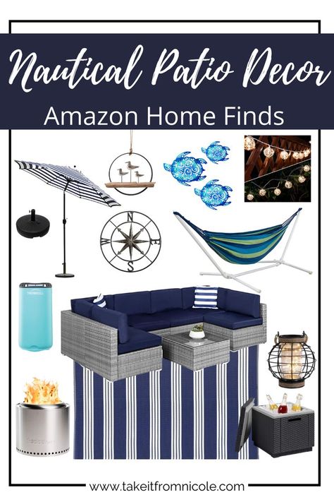 Nautical themed patio decor inspiration. Navy patio decor. Outdoor living. Amazon home finds. Patio couch. Summer patio decor. Nautical Patio, Patio Decor Inspiration, Nautical Outdoor Decor, Summer Patio Decor, Patio Refresh, Amazon Home Finds, Patio Couch, Summer Patio, Home Finds