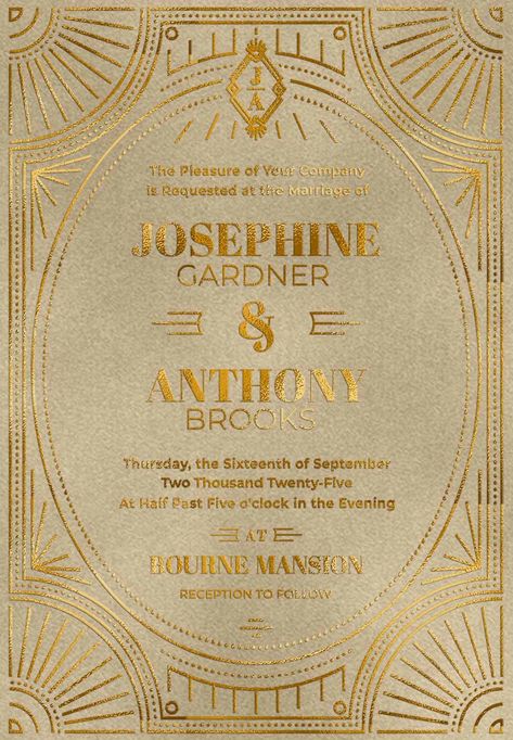 gold foil elegant art deco frame and fonts on cream velvet invitation Art Deco Invite, Formal Event Invitation, Fancy Invitation Card, Art Deco Invitation Design, Fancy Invitation Design, Art Deco Invitation, Art Deco Wedding Invitation, Classy Invitation Design, Fancy Invitations