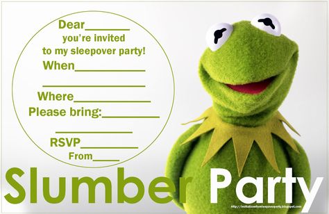 I adore kermit and the Muppet Show - so I love this free printable sleepover invite that is lovely and green and Kermity :) Print however many copies you need of it - depending on the number of guests you're inviting to your slumber party - and then fill in the blanks to personalise it with details of your own party. Sleepover Invite, Muppets Party, Funny Invitations, Sleepover Invitations, Bday Invitations, Rainbow Connection, The Muppet Show, Sleepover Ideas, Fill In The Blank