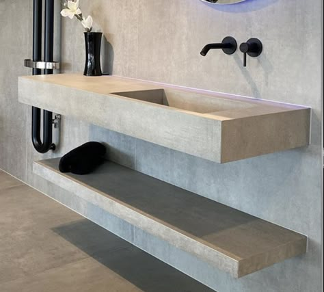 Microcement Sink, Minimal Bathroom Sink, Minimalist Bathroom Sink, Trough Sink Bathroom, Concrete Bathroom Design, Concrete Bathroom Vanity, Concrete Bathroom Sink, Industrial Bathroom Design, Concrete Vanity