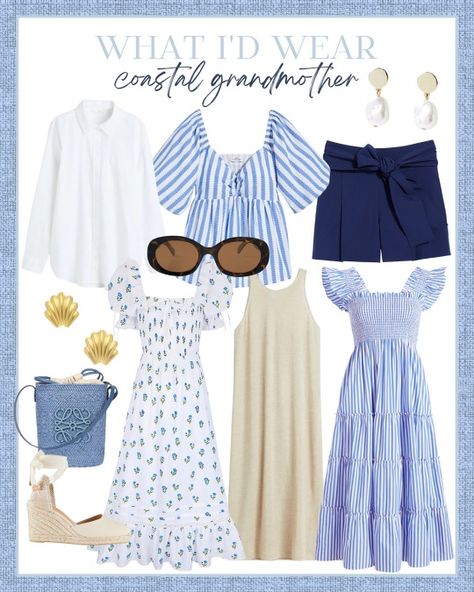 in my coastal grandmother era, forever and always 🐚 Coastal grandmother summer style / Nantucket style / southern summer outfit ideas / southern summer / Hamptons style / coastal style / grandmillenial style / cape cod style / for the beach / sunglasses / hill house home / nap dress / vineyard vines / Loewe / raffia style / sea style / blue and white fashion / h&m / Saks fifth avenue #LTKtravel #LTKSeasonal #LTKFind Blue And White Summer Aesthetic, The Hamptons Aesthetic Outfits, Hamptons Outfit Aesthetic, Grandmillenial Style Outfit, Grandmillenial Outfits, Cape Cod Summer Outfits, Southern Style Fashion, Beach House Outfit, Cape Cod Fashion