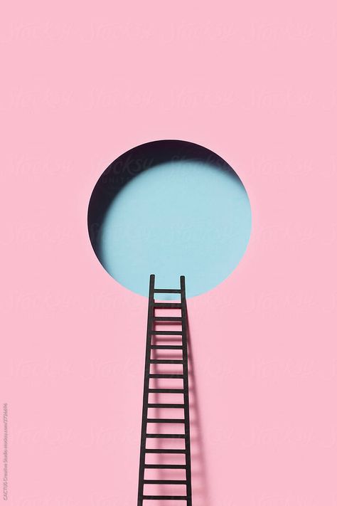 Black ladder in a hole on a pink background representing growth. Made with paper. A Ladder, Growth Background, Ladder Design, Studio Illustration, Growth Poster, Growth Illustration, Growth Aesthetic, Certificate Design Template, Background Drawing