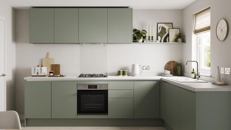 Sage Green Cabinets, Howdens Kitchens, Latest Kitchen Trends, Muswell Hill, Fitted Kitchens, Handleless Kitchen, Laminate Colours, Green Kitchen Cabinets, Fitted Bathroom