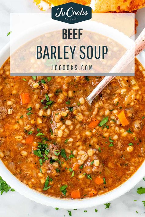 This Beef Barley Soup is rich, satisfying, comfort food in a bowl. A hearty, delicious soup, loaded with tender chunks of beef and veggies. #beefbarley #soup #recipe Barley Beef Soup, Leftover Beef Soup Recipes, Beef Barley Soup Recipes Best, Best Ever Beef And Barley Soup, Jo Cooks Recipes, Bean And Barley Soup Recipe, Hamburger Barley Soup, Beef Barley Vegetable Soup, Beef And Barley Soup Recipe