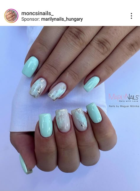 Mint White Nails, Mint And Blue Nails, Mint And Silver Nails, Pale Mint Nails, Mint Nails With Design, Nails Mint Green Design, Green Gel Nails Short Design, Mint Green Marble Nails, Mint Green Nails Ideas