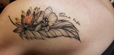 Feather and flower tattoo. Each flower represents my children's birth flower. Feather Mother Daughter Tattoos, Hibiscus And Feather Tattoo, Feather Tattoo Ideas For Women Shoulder, Feather And Flower Tattoos For Women, Shoulder Feather Tattoo, Feather And Flowers Tattoo, Feather With Flowers Tattoo, Feather Flower Tattoo, Feather And Flower Tattoo