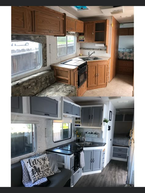 Trailer Updates, Farmhouse Trailer Remodel, Camper Makeover Ideas Color Schemes, Toy Hauler Decor, Coachmen Camper Remodel, Renovated Camper, Montana Fifth Wheel Remodel, Small Camper Interior Ideas, Old Camper Remodels