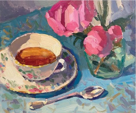 Still life painting of a teacup, flowers and spoon using water-mixable oils Tea Set Still Life, Still Life Set Up, Watercolor Teacup, Leaving Cert, Higher Art, Bath Somerset, Art Time, Reference Pics, Air Painting