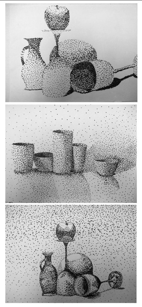 My drawing 1 kids finished a stippling drawing today. We first worked on turning 2-D shapes into 3-D forms by adding dots. The closer the dots are together, the darker the value, the farther apart,… Stipple Art, Stippling Drawing, Dotted Drawings, Stippling Art, Istoria Artei, School Art Projects, Drawing Projects, Art Lesson Plans, Dessin Adorable