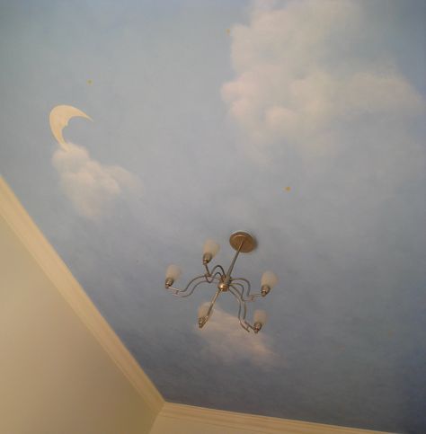 Blue Sky Ceiling Bedrooms, Roof Painting Ideas Ceilings, Sky Ceiling Bedroom, Sky Blue Room Ideas Bedroom, Sky Themed Bedroom, Night Sky Room, Sky Blue Ceiling, Blue Sky Ceiling, Blue Ceiling Bedroom