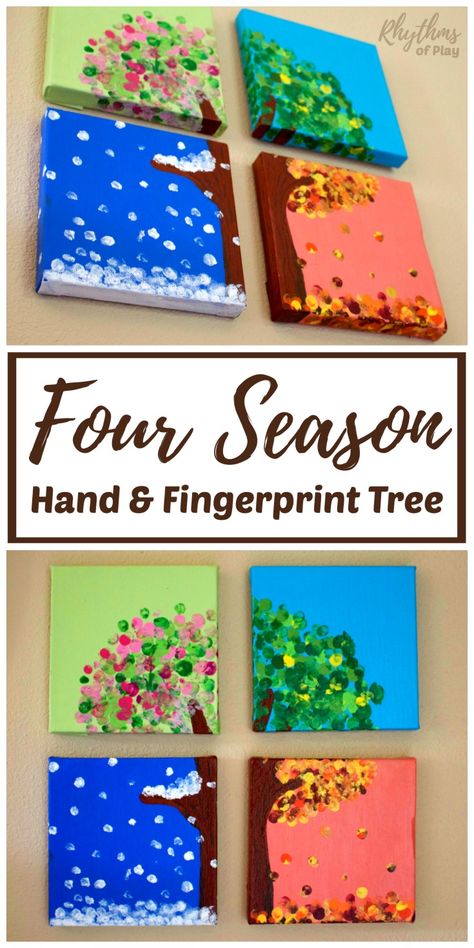 This four season hand and fingerprint tree is a DIY keepsake craft and gift that kids can make. A unique handmade gift idea for Christmas, Mother's Day, Father's Day or any other occasion. Learn how to make your own with the easy to follow tutorial. Make one with your kids today! Studio Seni, Boom Kunst, Art Project For Kids, Fingerprint Tree, Keepsake Crafts, Kid Projects, Project For Kids, Art Camp, Four Season