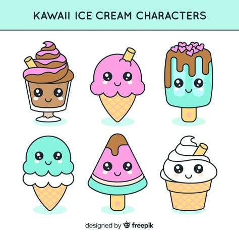 Kawaii ice cream characters collection | Free Vector #Freepik #freevector #food #summer #character #beach Cute Ice Cream Drawing, Summer Character, Doodles Kawaii, Kawaii Ice Cream, Food Summer, Cute Food Drawings, Pola Sulam, Easy Doodle Art, Character Collection