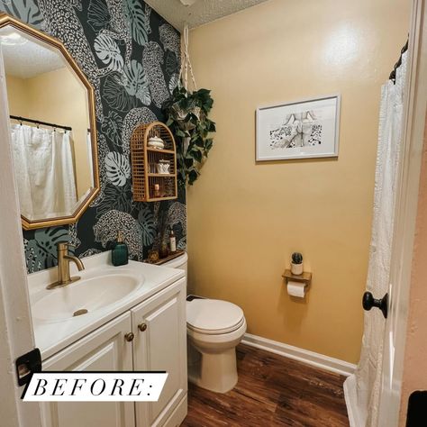 Choosing the perfect paint color makes all the difference! The original yellow paint pulled tones from the wood floors, but these new options draw out the greens in the wallpaper. Which would you choose? 🌿🎨 #virtualinteriordesign #roomdesign #interiordesigner #architecturaldesigner #beforeandafter #roommakeover #paint #bathroompaint #wallpaper #bathroomdesign #bathroominspiration Yellow Paint Bathroom Ideas, Yellow Wall Bathroom, Perfect Paint Color, Yellow Paint, Yellow Bathrooms, Yellow Walls, Wood Vanity, Diy House Projects, Wood Bathroom