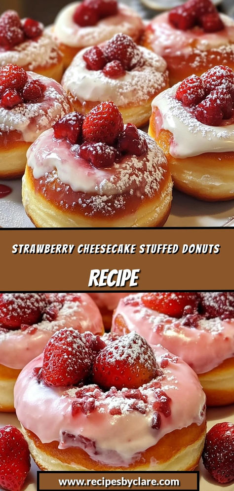 Indulge in these heavenly donuts filled with creamy cheesecake and sweet strawberries—perfect for a decadent dessert or special treat!  Ingredients:  2 ¼ cups all-purpose flour 1 cup cream cheese, softened 1 cup fresh strawberries, chopped 1 cup powdered sugar (for glaze) These delightful donuts combine the rich flavors of cheesecake and fresh strawberries inside a soft, fluffy donut, all topped with a sweet glaze—making them a dessert dream come true! Cream Cheese Donut Glaze, Strawberry Cream Cheese Pastry, Strawberry Cheesecake Stuffed Doughnut, Strawberry Cheesecake Donut, Doughnut Toppings Ideas, Beginner Dessert Recipes, Fall Food Desserts, Powdered Sugar Desserts, Desserts With Strawberries