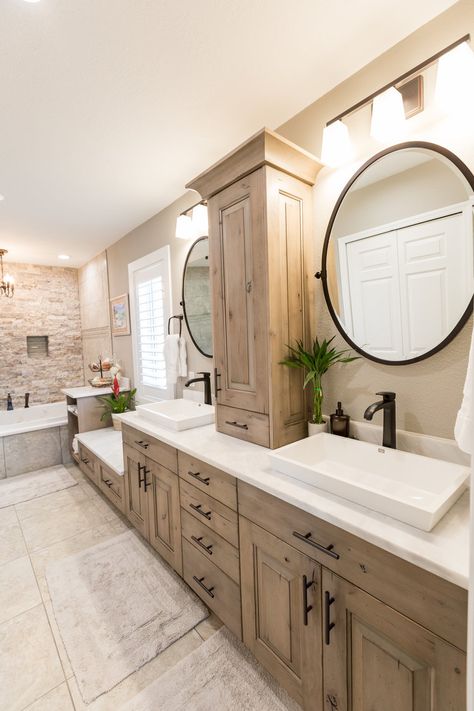 Treasure Island Bathroom Natural Inspired Bathroom, Natural Wood Bathroom Vanities, Bathroom Sink Inspiration, Modern Hall Bathroom, Cabinet Between Mirrors In Bathroom, New Home Color Palette, Bathroom Design Modern Farmhouse, 24x12 Tile Pattern, Natural Wood Master Bath