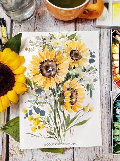 Watercolour Sunflowers Watercolor Painting, Sunflower Drawing Watercolor, Painting Ideas Sunflowers, Sunflower Painting Watercolor, Daisy Watercolor Painting, Sunflower Painting Acrylic, Watercolor Art Flowers, Watercolour Sunflower, A4 Painting