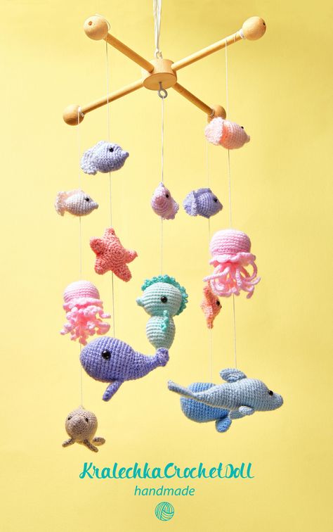 Ocean baby mobile as a great idea for nautical nursery or sea creature baby shower gift! Buy your baby a whole underwater world! Sea Horse Crochet, Crochet Baby Mobile, Ocean Mobile, Nautical Mobile, Horse Crochet, Whale Mobile, Crochet Sea Creatures, Crochet Nursery Decor, Crochet Baby Mobiles