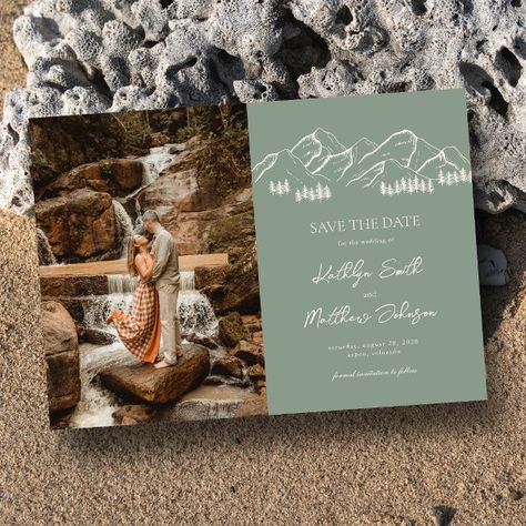 Mountain Outdoor Sage Green Wedding Save The Date Magnetic Invitation Minimalist Outdoor Wedding, Green Wedding Save The Date, Mountain Minimalist, Fall Mountain Wedding, Rustic Wedding Save The Dates, Mountain Wedding Invitations, Terracotta Wedding, Rustic Save The Dates, Wedding Magnet