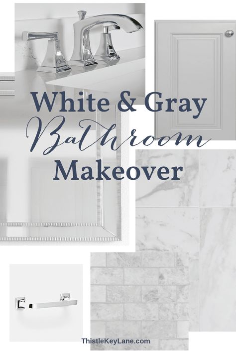 White And Gray Bathroom Makeover - Consider these ideas for a spa inspired bathroom including tile, paint, cabinets, countertops and more. Inspiration Bathroom Collage. Bathroom Mood Board. Gray Bathroom Countertop, Spa Bathroom Tile, Collage Bathroom, White And Gray Bathroom, Bathroom Collage, Grey Bathroom Floor, Grey Marble Bathroom, Half Wall Shower, Bathroom Mood Board