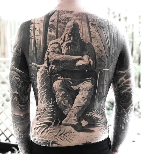 Viking Tattoos For Men, Tattoo House, Antique Tattoo, Viking Warrior Tattoos, Viking Tattoo Sleeve, Knight Tattoo, Skull Sleeve Tattoos, Black White Tattoos, Back Piece Tattoo