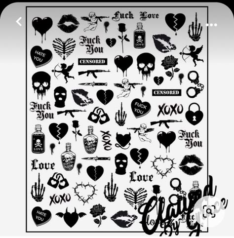 Black Hearts Nail, Anti Valentines Nails, Anti Love, Nail Base, Waterslide Nail Decals, Anti Valentines, Flash Tattoo Designs, Doodle Tattoo, Tattoo Flash Art