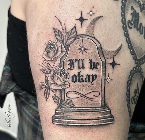 Cute Tombstone Tattoo, Gravestone Tattoo Simple, Tomb Stone Tattoo Design, Grave Tattoo Ideas, Tombstone Tattoo Ideas, Oldest Daughter Tattoo, Cemetery Tattoo Ideas, Perfectly Misaligned Tattoo, Grave Stone Tattoo Design