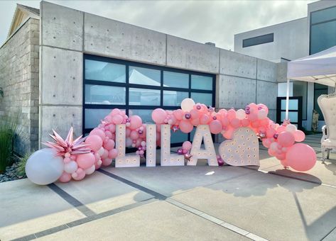 Pink Organic Style Balloon Garland with Light Up Marquee Letters Light Up Letters With Balloons, Marquee Balloons, Marquee Letters With Balloons, Birthday Marquee, Light Up Marquee Letters, Texas Party, Sofia The First Birthday Party, Rose Gold Wedding Cakes, Lighted Marquee Letters