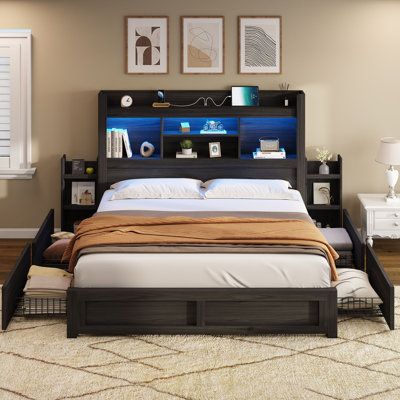 Platform Beds You'll Love | Wayfair Bookcase Headboard Queen, Headboard Wood, Bed Frame Sizes, Led Bed, Best Platform Beds, California King Headboard, Bedside Shelf, Led Beds, Tall Bookcase