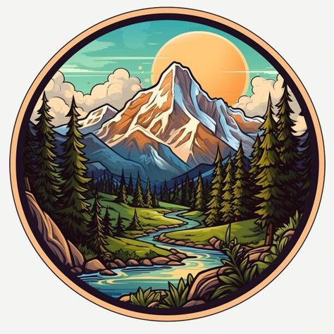 Hiking-themed sticker captures the spirit of adventure and the love for the great outdoors. This sticker features a beautifully illustrated mountain landscape as its central focus. The scene includes a rugged mountain peak with a winding river leading towards adventure ahead. These stickers are printed on durable, high opacity adhesive vinyl which makes them perfect for regular use, as well as for covering other stickers or paint. The high-quality vinyl ensures there are no bubbles when applying Logo About Nature, Mountain Stickers, Winding River, Nature Iphone Wallpaper, Graffiti Words, Dreamy Artwork, Round Art, Mountain Peak, Scrapbook Materials