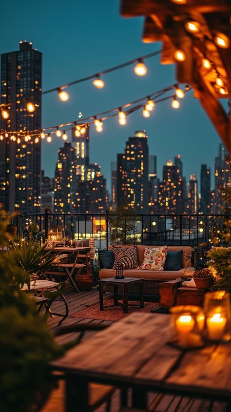 Rooftop terrace with string lights and city views, ideal for evening relaxation in an urban setting. Rooftop City, Urban Rooftop, Cozy Seating Area, Rooftop Party, Tranquil Retreat, Urban Oasis, City Views, Rooftop Terrace, City Aesthetic