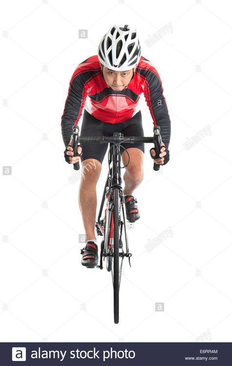 Asian male biker riding road bike, front view isolated on white background. Stock Photo Bike Front View, Male Biker, Reference Pose, Riding Bike, Bicycle Race, Bull Riding, Bike Art, Front View, Bike Ride