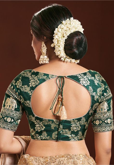 Woven Art Silk Jacquard Blouse in Dark Green Latest Trendy Blouse Designs For Silk Saree, Fancy Blouse Designs For Silk Saree, Fancy Blouses Designs, Green Color Blouse Designs, Dark Green Blouse Designs, Designer Blouse Patterns Unique Back, Blouse Designs Back, Simple Saree Blouse Designs, Green Blouse Designs