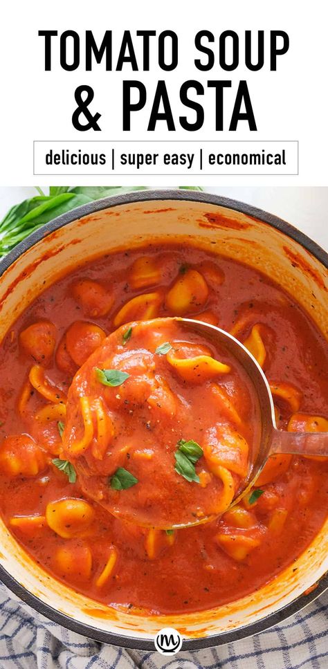 This luscious, nourishing tomato soup with pasta requires basic pantry staples. It’s so easy to make, yet rich and full of tomato flavour. #tomatosoup #veganrecipes #cheapdinnersforafamily #cheapdinners #cheaphealthymeals Tomato Soup With Pasta, Pasta Tomato Soup, Soup With Pasta, Pasta Soup Recipes, Easy Tomato Soup Recipe, Tomato Soup Easy, Vegetarian Crockpot Recipes, Vegetarian Soup Recipes, Vegetarian Crockpot