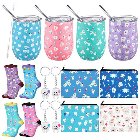 PRICES MAY VARY. Diverse and Delightful Collection: this dental assistant gifts include a delightful range of products designed to meet your needs for replacements and sharing; Consisting of 4 stainless steel tumblers, 4 makeup bags, 4 pair of socks, and 4 tooth shaped keychains, it provides an element of charm and functionality to your regular necessities Attractive Tooth Themed Design: the attractive design of dentist gifts features cute tooth elements in different poses, along with patterns o Graduation Accessories, Dentist Gifts, Hygienist Gifts, Gifts For Nurse, Dental Assistant Gifts, Dental Hygienist Gifts, Dental Gifts, Cute Tooth, Teeth Shape