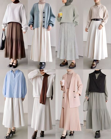 Modest Outfits With Hijab, Outfit Kuliah Rok, Hijab Capsule Wardrobe, Modest Skirt Outfits Muslim, Muslimah Outfit Ideas, Outfit Kampus Hijab, Outfit Kuliah Hijab, Ootd Korean Style Hijab, Rok Korean Style