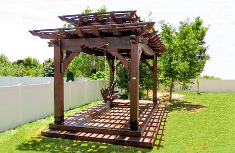 Providing architectural shade to a functional or botanical garden can transform an ordinary landscape into a park-like atmosphere – a backyard treasure house of play – surrounded in a collection of living plants. Garden Pagoda Ideas, Japanese Pergola, Pergola Hammock, Garden Pagoda, Timber Pergola, Pergola Swing, Pergola Attached To House, Wooden Pergola, Gazebo Pergola