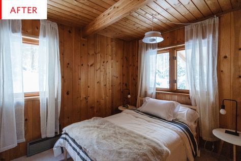 Vermont Cabin, Rustic Modern Cabin, Minimalist Cabin, Knotty Pine Walls, Small Cabin Interiors, Pine Bedroom, Cabin Modern, Cabin Renovation, Log Cabin Interior